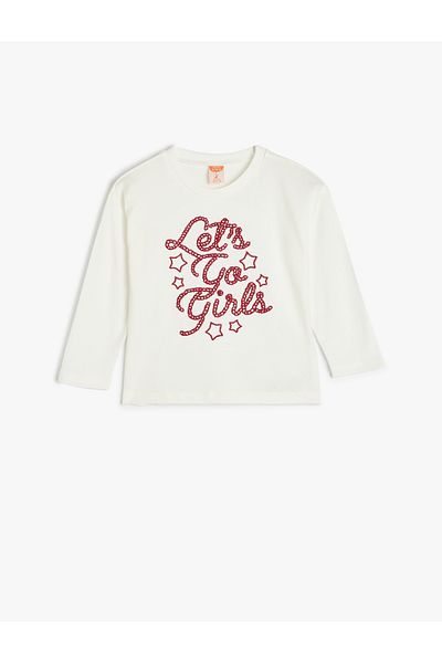 Koton Cotton Long Sleeve T-Shirt - Slogan Printed, Crew Neck