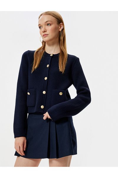 Koton Crew Neck Pocket Detailed Knitwear Cardigan - Buttoned