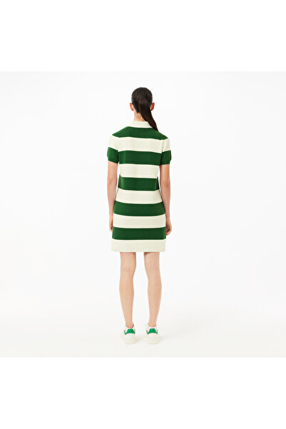 Lacoste Kadın Slim Fit Polo Yaka Çizgili Beyaz Elbise