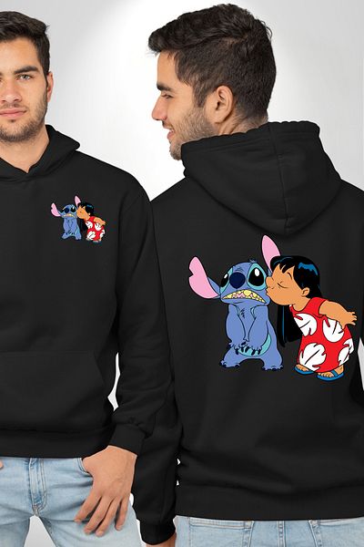 Angemiel Lilo and Stitch Black Hooded Unisex Sweatshirt - Pocket and Back Printed