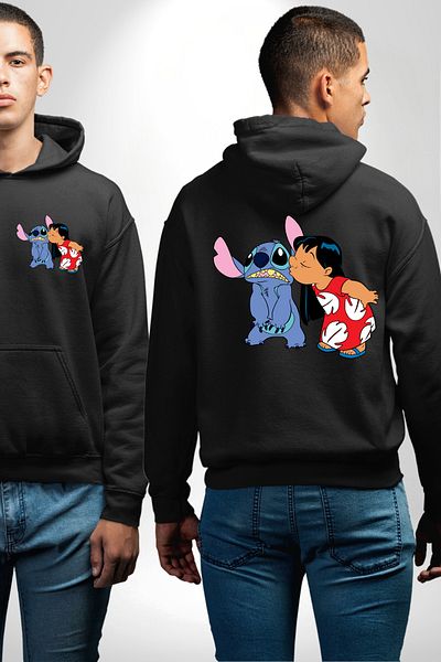 Angemiel Lilo and Stitch Black Hooded Unisex Sweatshirt - Pocket and Back Printed