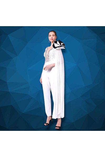 Robes Black Garnished Shoulder Rose Detailed Stone Embroidered Strap Sleeve V-Neck Jumpsuit Evening Dress
