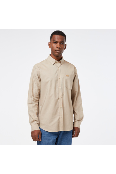 Lacoste Erkek Relaxed Fit Düğmeli Yaka Çizgili Bej Gömlek