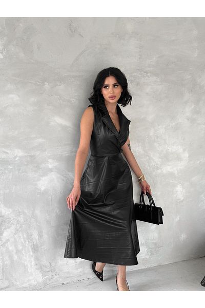 WellWay Rochie lungă din țesătură din piele cu fermoar-negru