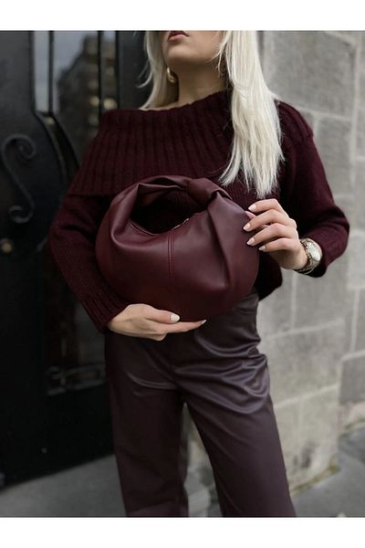 Gloria Claret Red Women's Baguette Knot Detailed Zippered Handbag