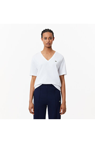 Lacoste Kadın Relaxed Fit V Yaka Beyaz T-Shirt