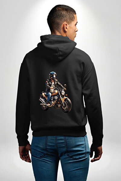 Angemiel Світшот з капюшоном чорного кольору з малюнком шолома - Мотоциклетний тур по світу, з принтом на кишені та спині, унісекс