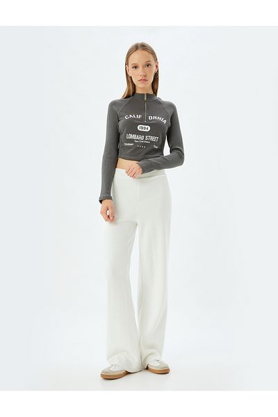Koton Long Sleeve Crop T-Shirt - Half Zipper, Slogan Print, Slim Fit