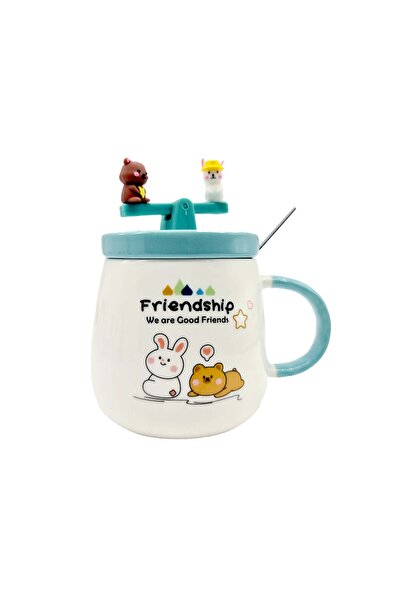 HUN Tasarım Sevimli, Seramik kapaklı ve Kaşıklı Ayıcık Tavşan Figürlü Mug Kupa