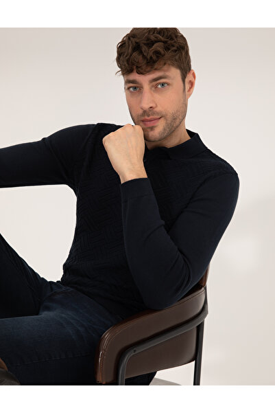 Pierre Cardin Navy Blue Slim Fit Button Polo Neck Knitwear Sweater 50265441-V...