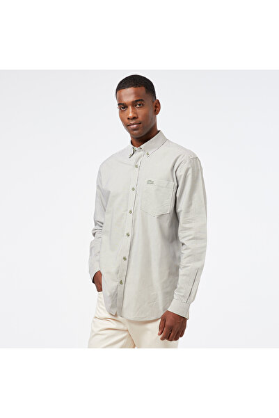 Lacoste Erkek Relaxed Fit Düğmeli Yaka Çizgili Haki Gömlek