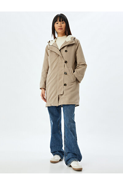 Koton Plush Collar Hooded Parka - Zippered with Buttons and Pockets