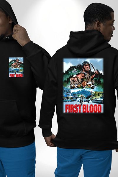 Angemiel Rambo First Blood Movie Poster Black Hooded Pocket Back Printed Sweatshirt for Women Men Unisex