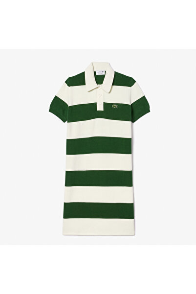 Lacoste Kadın Slim Fit Polo Yaka Çizgili Beyaz Elbise