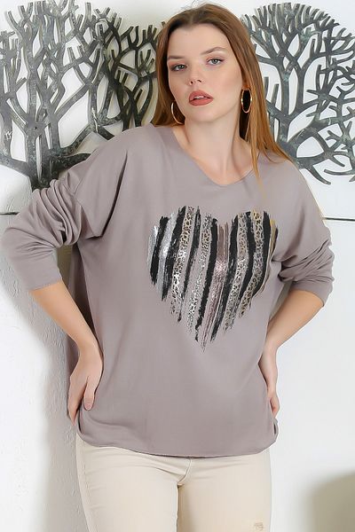 Chiccy Μπλούζα με μακρυμάνικο γιακά πισίνας Italian Mink με εμπριμέ πλεκτό