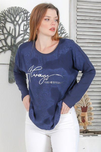 Chiccy Італійська темно-синя кругла горловина, довгі рукави, з принтом, повсякденна в'язана блуза