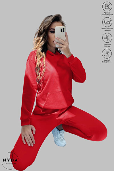 Nyda Collections Red Oversize Cotton Tracksuit Set - Hooded Sweatshirt and Elastic Jogger