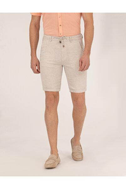 Pierre Cardin Bej Slim Fit Keten Karışımlı Beli Lastikli Bağcıklı Bermuda Şort 50268216-VR011