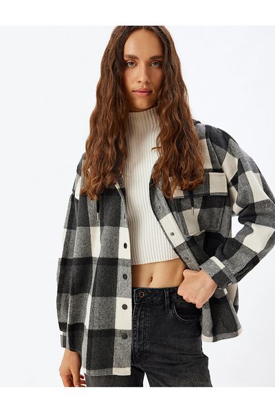 Koton Lumberjack Style Hooded Oversize Shirt - Classic Collar and Buttoned Pocket Detail