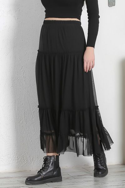 Chiccy Fusta căptușită neagră, cu volane, din tul, cu talie elastică, fustă țesătă casual
