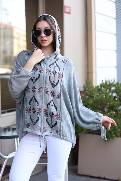AYASOFYA OTANTIK Women's Gray Hooded Ethnic Patterned Zipper Closure Antique Loose Oversize Cotton Knitwear Cardigan