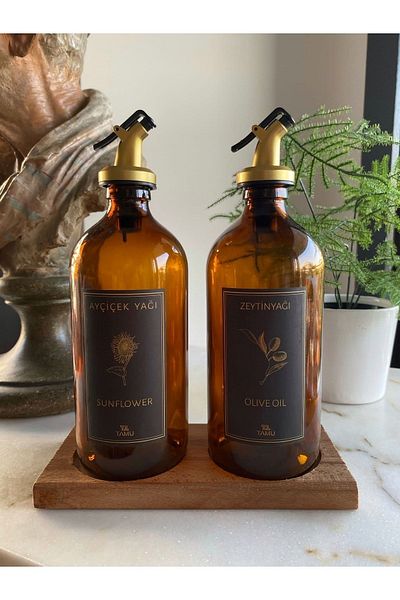 Albergio 2-Piece Amber Olive Oil with Wooden Stand - 500ml Liquid Bottle with Sippy Cap