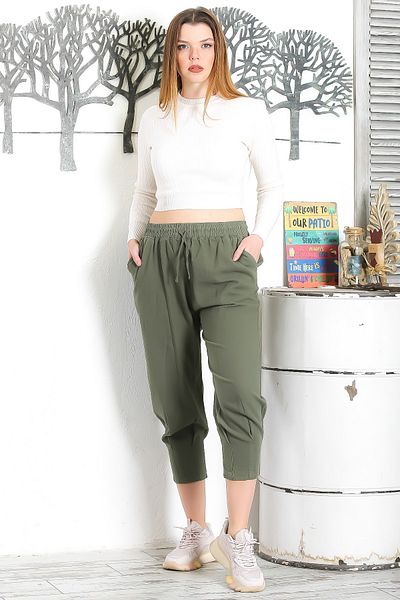 Chiccy Pantaloni casual din bumbac, cu buzunar dublu, elastic și cu cravată, cu picioare scurte