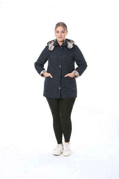 TUTveAL Collection Palton matlasat marime mare bleumarin - Detaliu carouri, glugă, hidrofugă