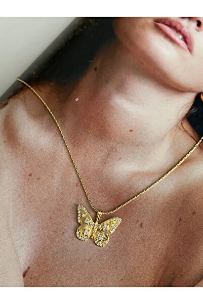 Pinery Jewels Zirkon Taşlı Kelebek Kararmaz Çelik Kadın Gold Kolye