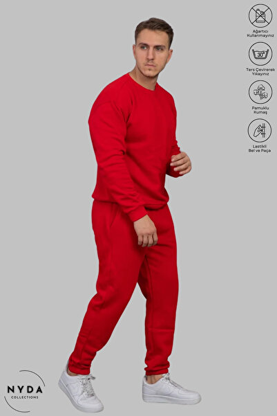 Nyda Collections Red Oversize Cotton Tracksuit Set - Crew Neck Sweatshirt and Rubber Jogger Bottoms