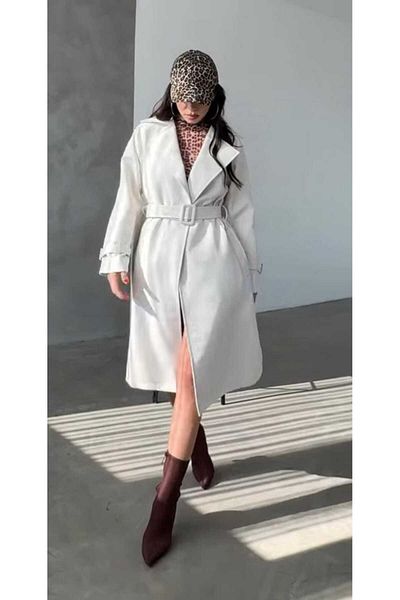 MAS BUTİK Women's Cuni Waist Belted Lined Leather Trench Coat