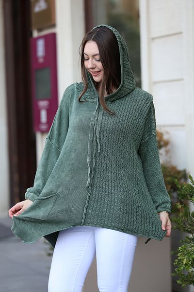 AYASOFYA OTANTIK Women's Khaki Hooded Patterned Antique Asymmetrical Loose Oversize Cotton Knitwear Cardigan with Bag Pocket