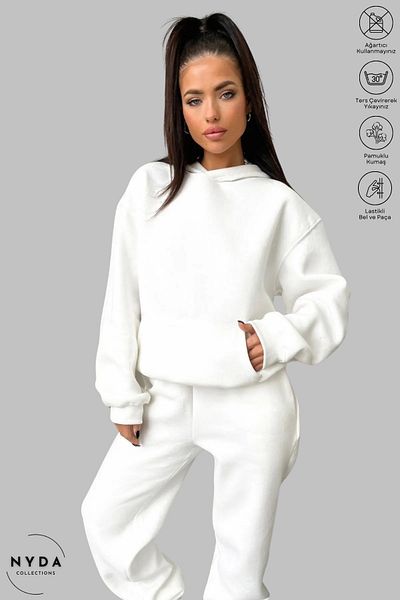 Nyda Collections Μπεζ φούτερ με κουκούλα και ελαστικό Jogger Sweatpants - Oversize βαμβακερό σετ φούτερ