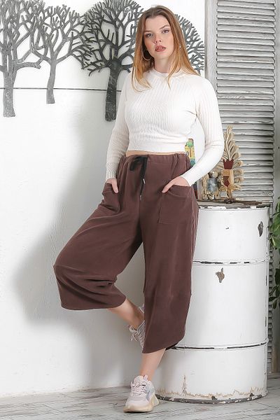 Chiccy Italian Brown Elastic and Tied Waist Short Leg Casual Velvet Wide Cut Woven Trousers