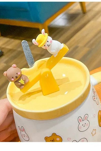 HUN Cute Design - Bunny Figured Mug with Ceramic Lid and Spoon Yellow