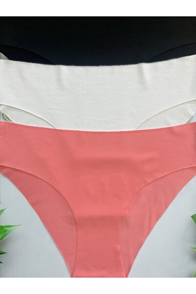 Genel Markalar Kadın 3'lü Takım Dikişsiz Lazer Kesim Likralı İz Yapmaz Slip Bikini Külot Pembe Beyaz Siyah