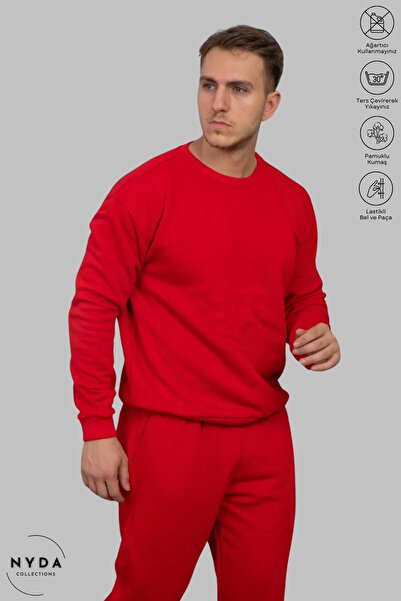 Nyda Collections Red Oversize Cotton Tracksuit Set - Crew Neck Sweatshirt and Rubber Jogger Bottoms