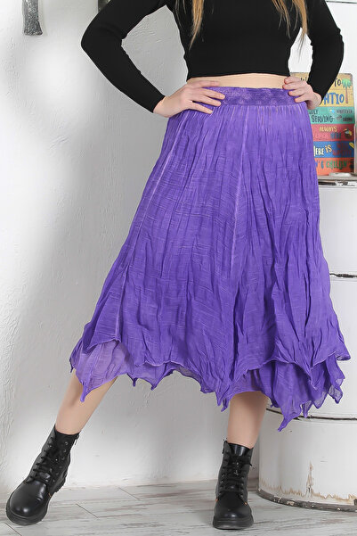 Chiccy Purple Lined Washed Elastic Waist Casual Asymmetrical Woven Skirt