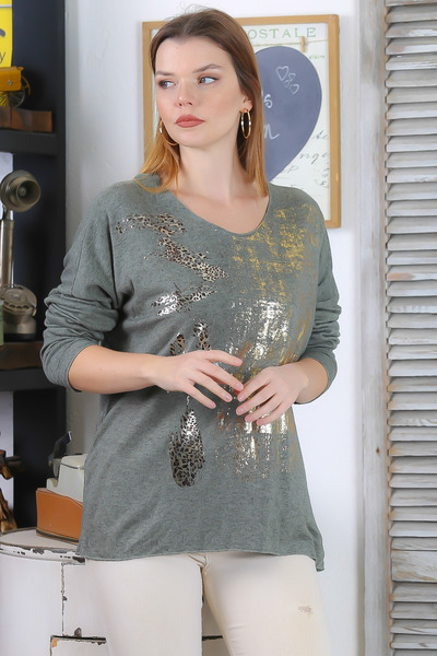 Chiccy Ιταλική Χακί Πισίνα με μακρυμάνικο φύλλο εμπριμέ casual πλεκτή μπλούζα