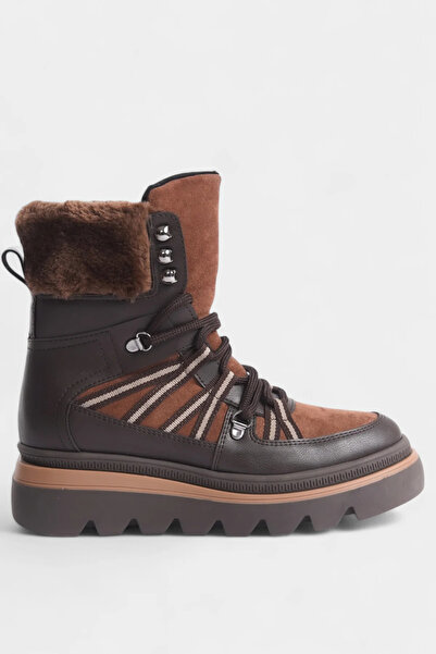 SAYL Cizme de damă din blană cu șireturi maro