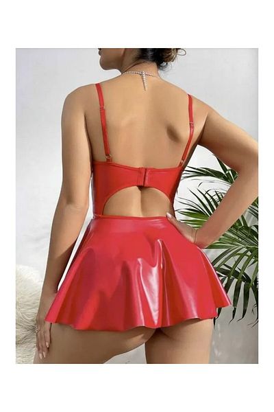 ESİLORA Women's Red Leather Look Sexy Fantasy Mini Dress