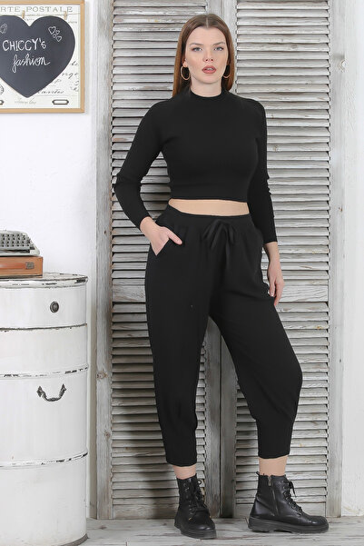 Chiccy Siyah Çift Cepli Lastikli Ve Bağlamalı Bel Kısa Paça Casual Pamuk Dokuma Pantolon