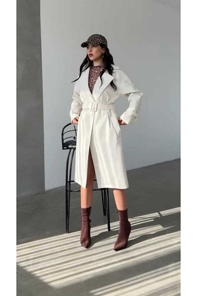 MAS BUTİK Women's Cuni Waist Belted Lined Leather Trench Coat