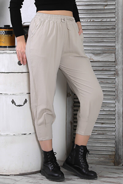 Chiccy Bej 3/4 Kol Düğmeli Çift Cepli Lastikli Ve Bağlamalı Bel Kısa Paça Casual Pamuk Dokuma Pantolon