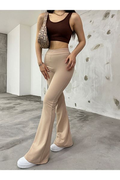 CNRCollection Women's Beige Flexible Lycra High Waist Non-Showing Gathering Spanish Leg Leggings Trousers