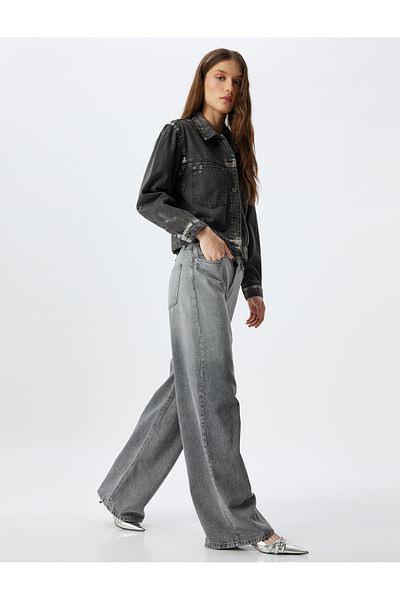 Koton Standard Waist Jeans - Wide Leg, Buttoned Pocket