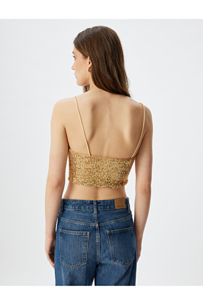 Koton Slim Fit Square Neck Crop Blouse - Sequined Sequined and Rope Strap