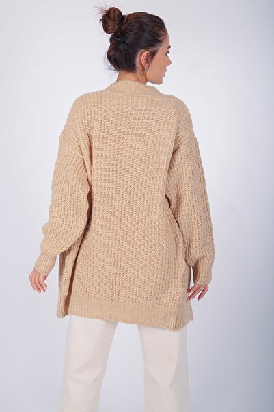 FACETTE Γυναίκα 2022312334   Μπεζ μακριά πλεκτή ζακέτα με κουμπιά