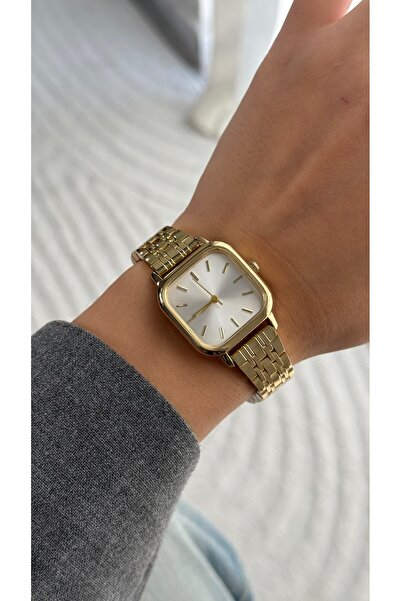 ÇENÇEN Kadın Çelik Vintage Takvimli Gold İç Kadran Beyaz Klasik Analog Kol Saati