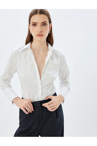Koton Long Sleeve Slim Fit Shirt - Embroidered Detail, Classic Collar